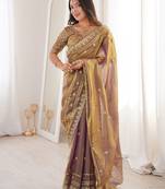 Gold colour fendy satin sequins embroidered saree