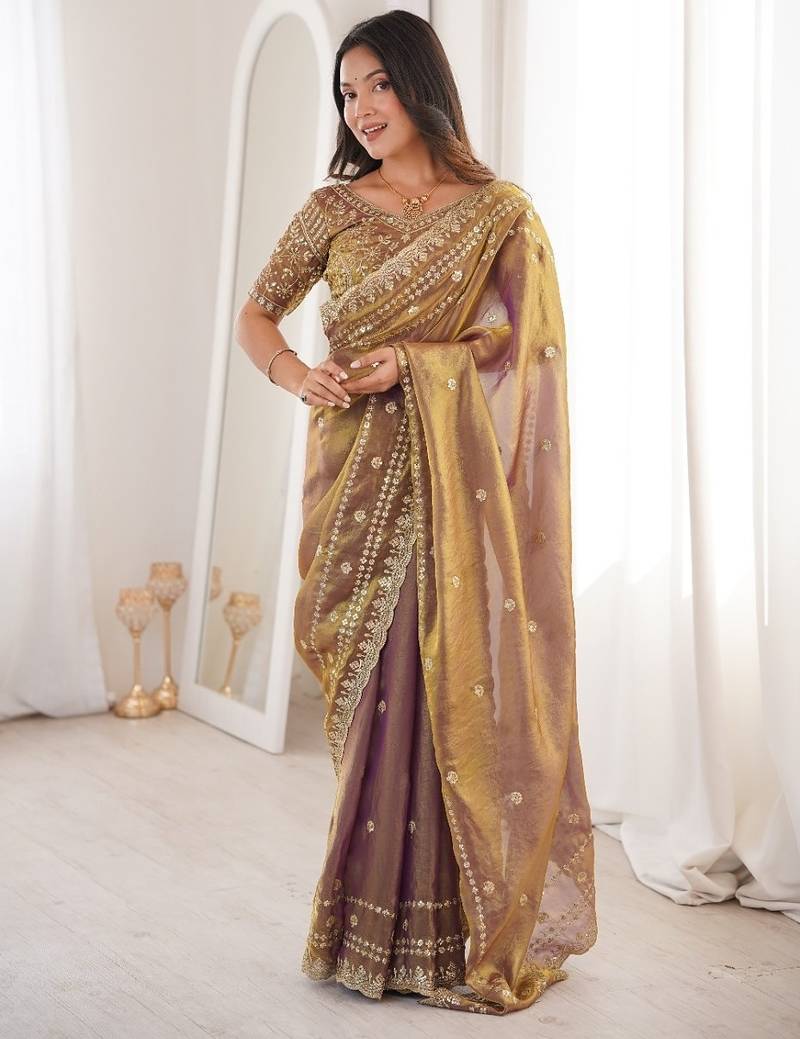 Gold colour fendy satin sequins embroidered saree