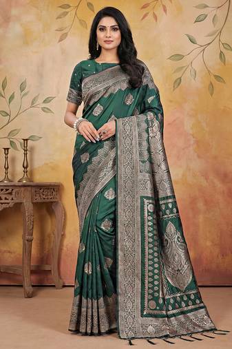 Green colour jacquard weaving with rich zari border & pallu work