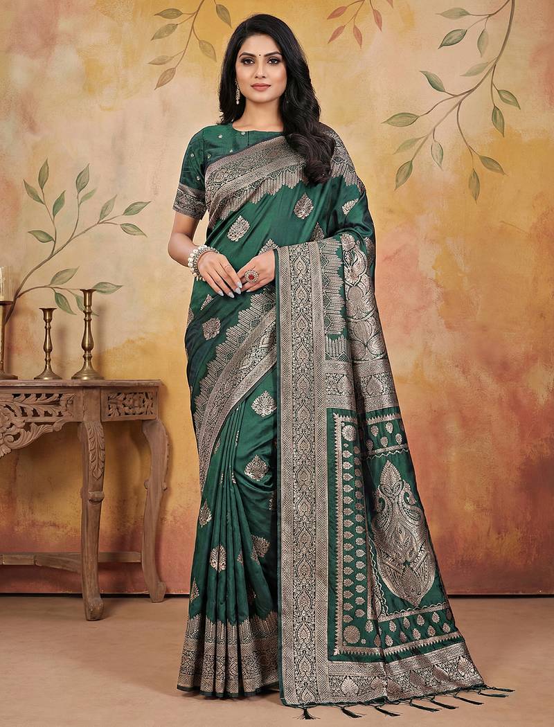 Green colour jacquard weaving with rich zari border & pallu work