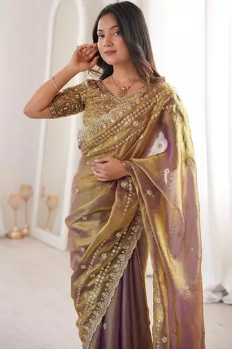 Gold colour fendy satin sequins embroidered saree