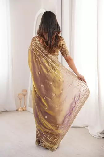 Gold colour fendy satin sequins embroidered saree