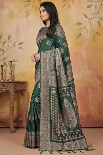 Green colour jacquard weaving with rich zari border & pallu work
