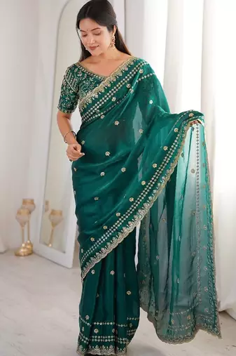 Teal colour fendy satin sequins embroidered saree