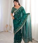 Teal colour fendy satin sequins embroidered saree