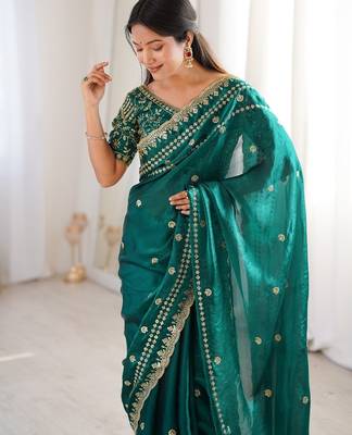 Teal colour fendy satin sequins embroidered saree 2