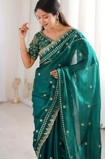 Teal colour fendy satin sequins embroidered saree