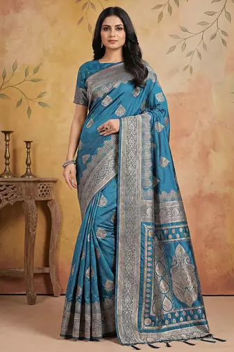 Teal colour jacquard weaving with rich zari border & pallu work