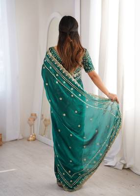Teal colour fendy satin sequins embroidered saree 3