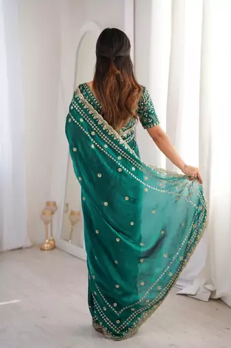 Teal colour fendy satin sequins embroidered saree