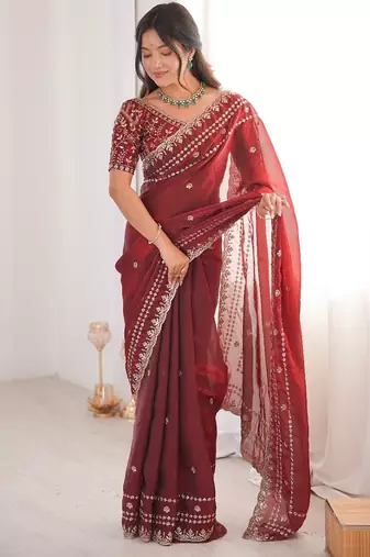 Red colour fendy satin sequins embroidered saree