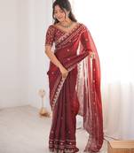 Red colour fendy satin sequins embroidered saree