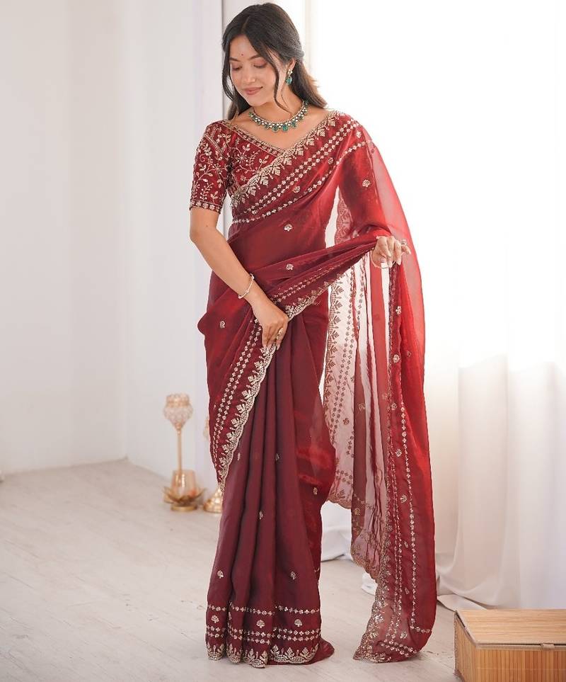 Red colour fendy satin sequins embroidered saree