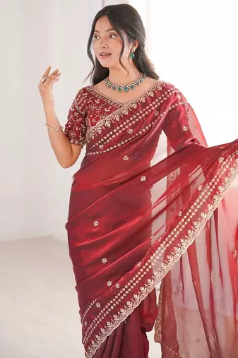 Red colour fendy satin sequins embroidered saree