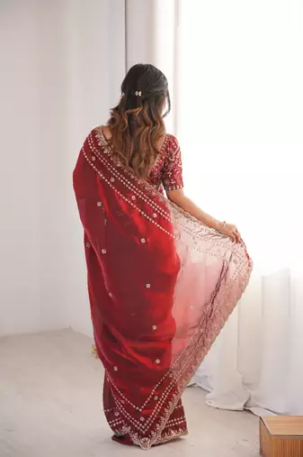 Red colour fendy satin sequins embroidered saree