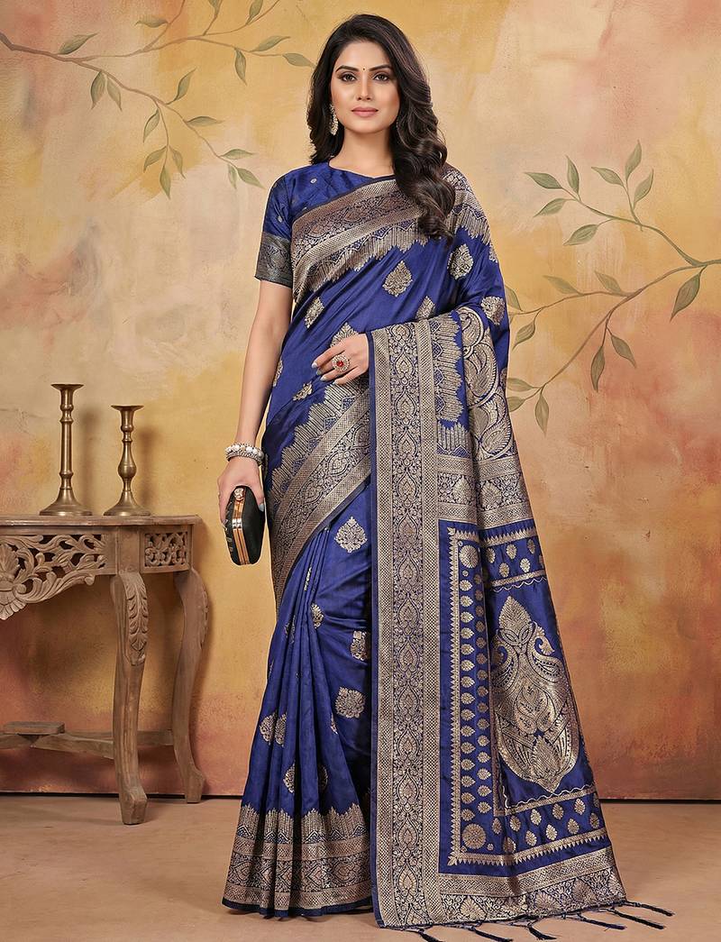 Navy blue colour jacquard weaving with rich zari border & pallu work