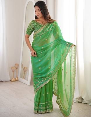 Green colour fendy satin sequins embroidered saree 1