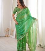Green colour fendy satin sequins embroidered saree
