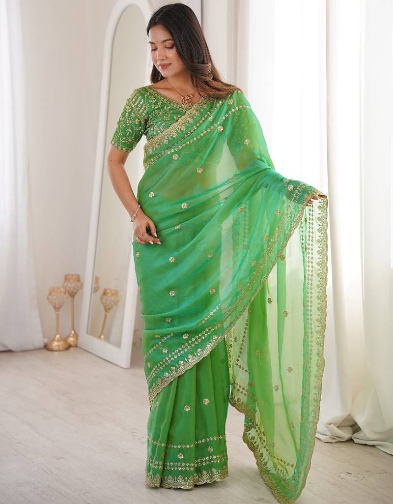 Green colour fendy satin sequins embroidered saree