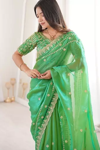 Green colour fendy satin sequins embroidered saree