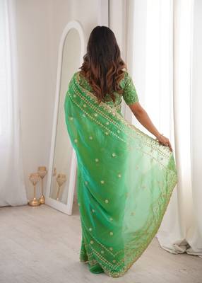 Green colour fendy satin sequins embroidered saree 3