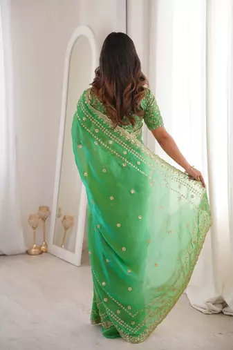 Green colour fendy satin sequins embroidered saree