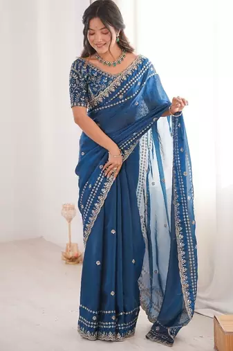 Blue colour fendy satin sequins embroidered saree