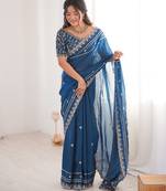 Blue colour fendy satin sequins embroidered saree