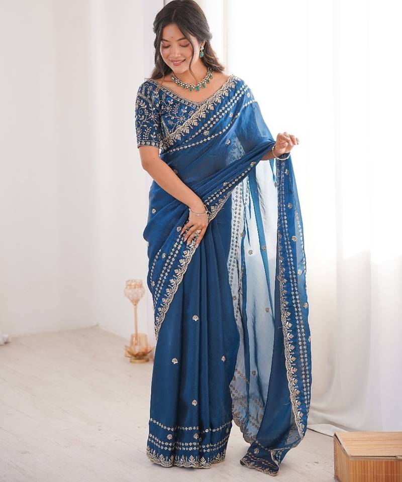 Blue colour fendy satin sequins embroidered saree