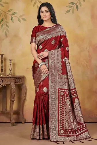 Maroon colour jacquard weaving with rich zari border & pallu work