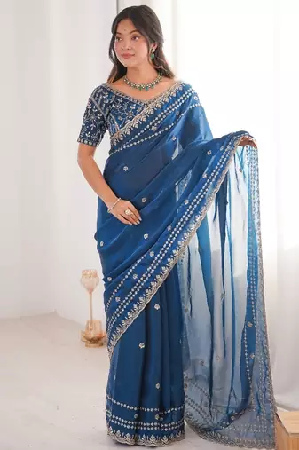 Blue colour fendy satin sequins embroidered saree