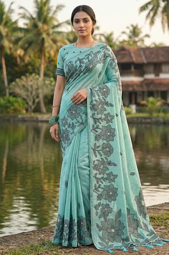 Seagreen colour linen saree with floral jacquard weaving & tassel pallu