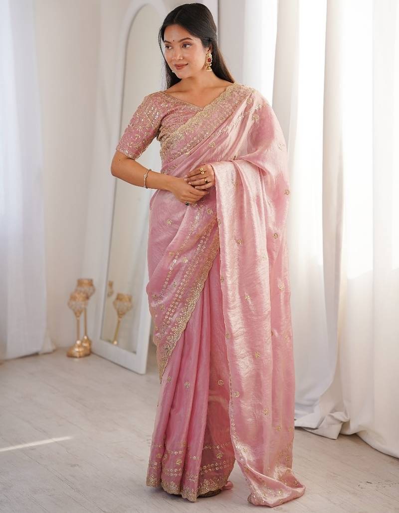 Pink colour fendy satin sequins embroidered saree