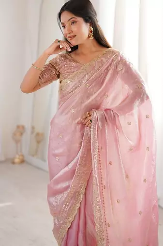 Pink colour fendy satin sequins embroidered saree