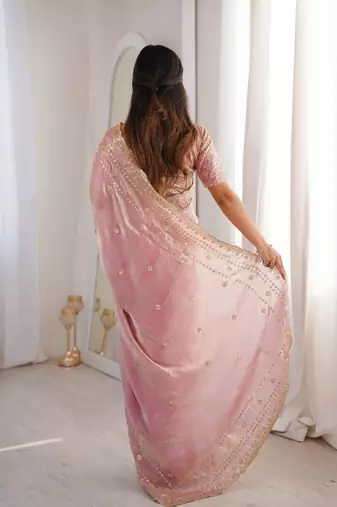 Pink colour fendy satin sequins embroidered saree