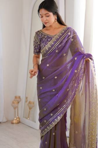 Purple colour fendy satin sequins embroidered saree