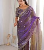 Purple colour fendy satin sequins embroidered saree