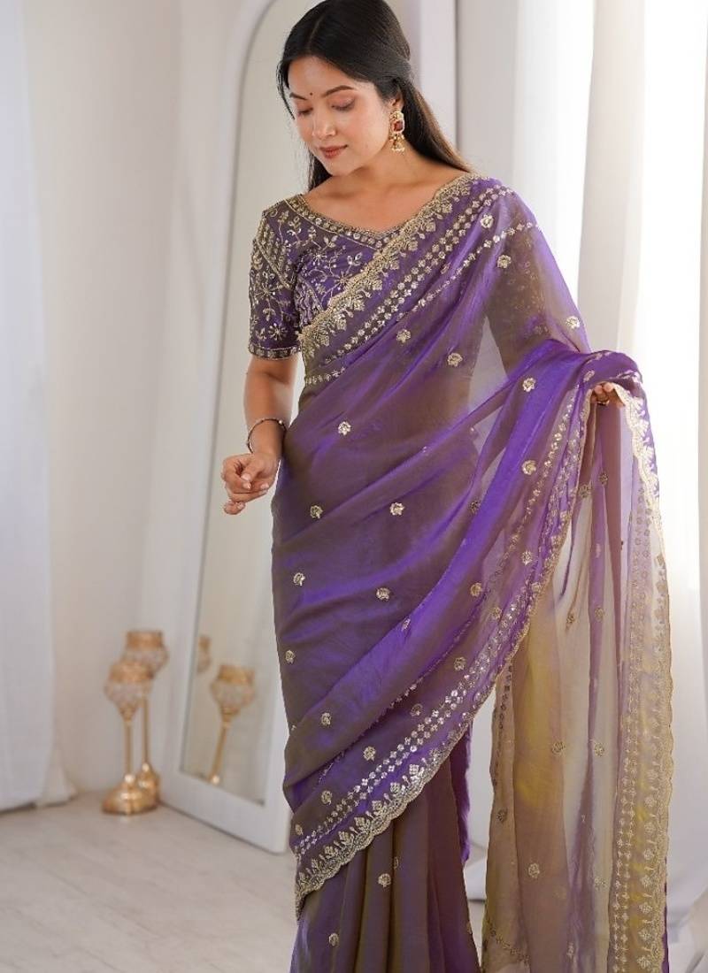 Purple colour fendy satin sequins embroidered saree