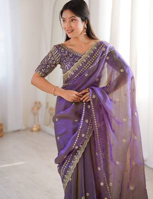Purple colour fendy satin sequins embroidered saree 2