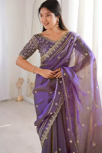 Purple colour fendy satin sequins embroidered saree