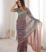 Mauve colour fendy satin sequins embroidered saree