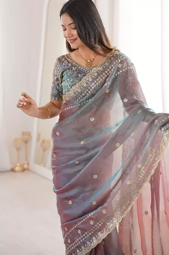 Mauve colour fendy satin sequins embroidered saree