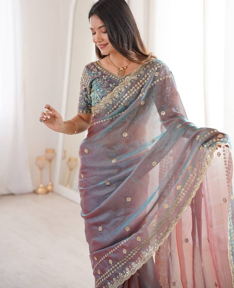 Mauve colour fendy satin sequins embroidered saree