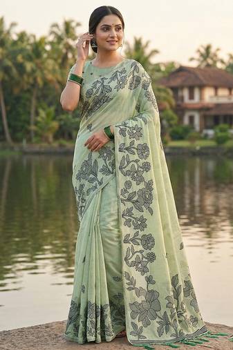 Lightgreen colour linen saree with floral jacquard weaving & tassel pallu