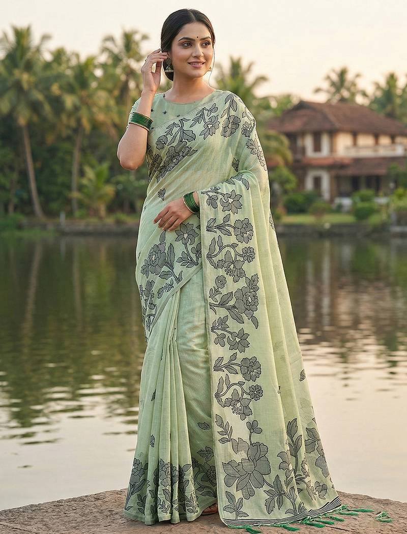 Lightgreen colour linen saree with floral jacquard weaving & tassel pallu