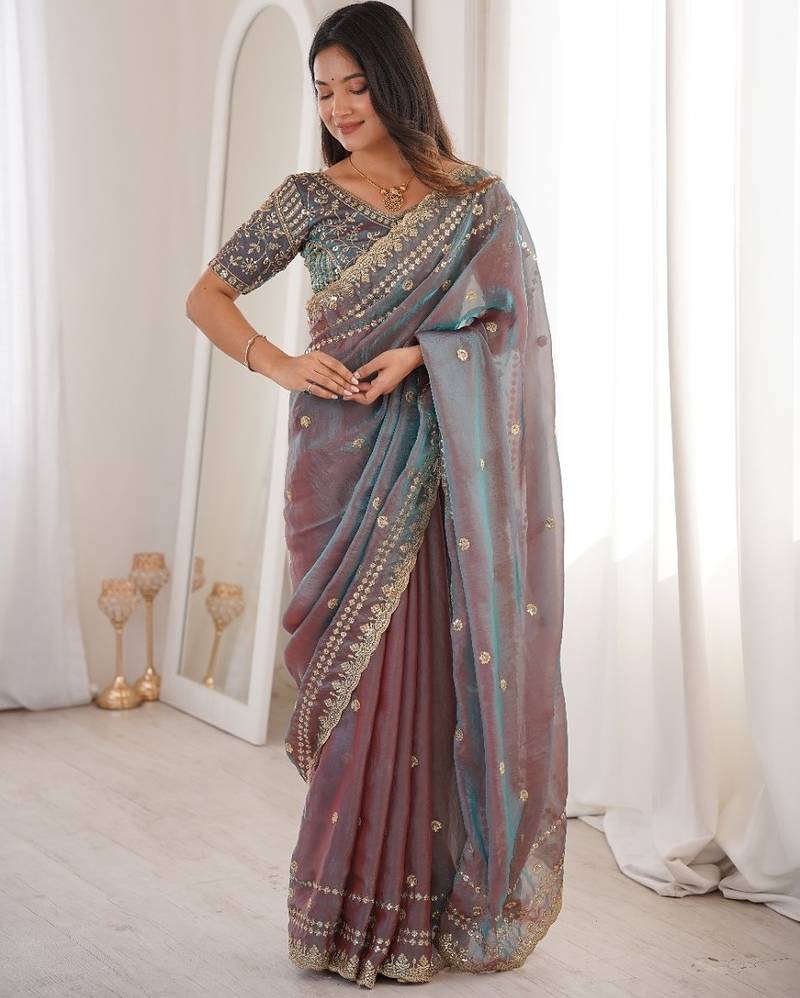 Mauve colour fendy satin sequins embroidered saree