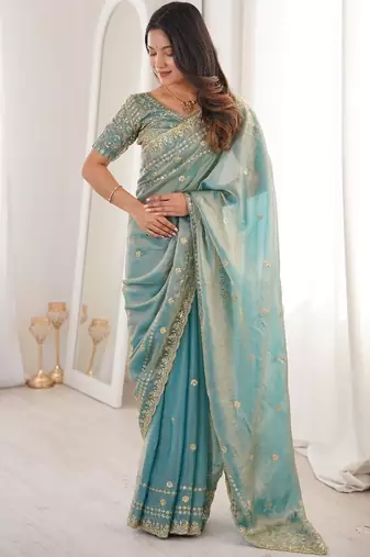Aqua blue colour fendy satin sequins embroidered saree