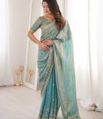Aqua blue colour fendy satin sequins embroidered saree