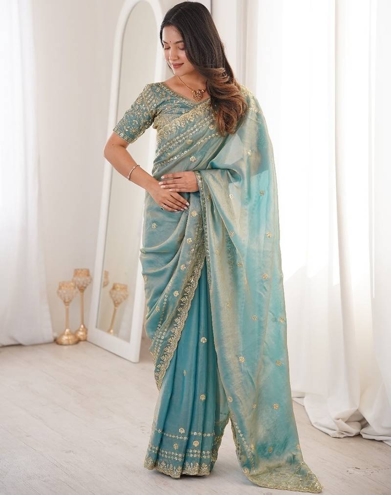 Aqua blue colour fendy satin sequins embroidered saree