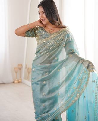 Aqua blue colour fendy satin sequins embroidered saree 2